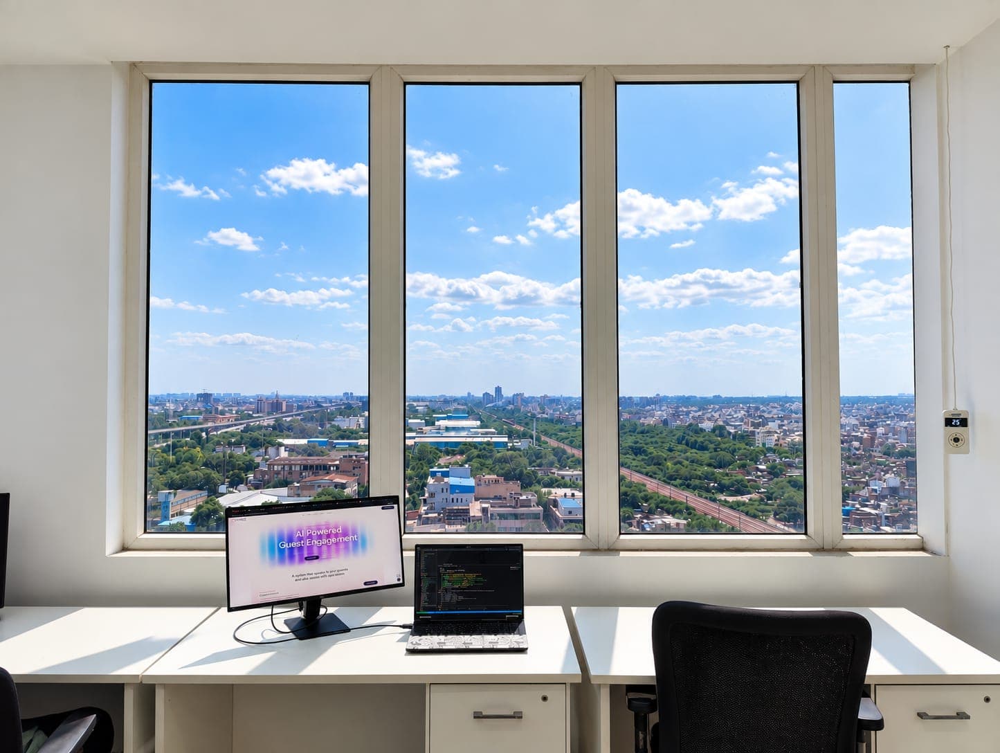 The Dynoz office: a monitor showing the Dynoz site and an open laptop of code on a desk, under a wall of windows over the city.